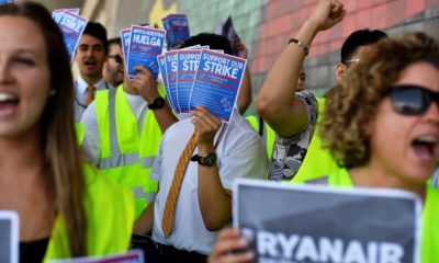 Striking Ryanair workers protest at Barcelona's El Prat airport