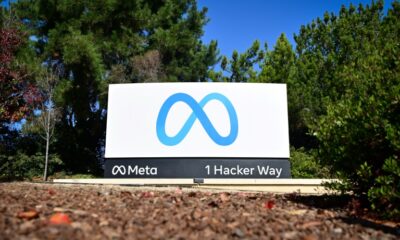 Meta's logo at the entrance to their headquarters in California