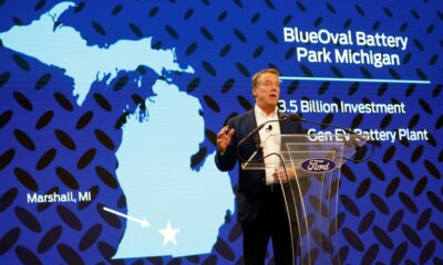 Bill Ford, Executive Chairman of Ford Motor Company, announces at a press conference that Ford will be partnering with the world's largest battery company, a China-based company called Contemporary Amperex Technology, to create an electric-vehicle battery plant in Marshall, Michigan