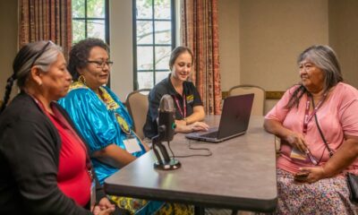 Ashleigh Surma (second right) assists Elva Case (left), Linda Lupe (second left) and Joycelene Johnson (right) in recording Indigenous languages in Bloomington, Indiana, on October 13, 2023